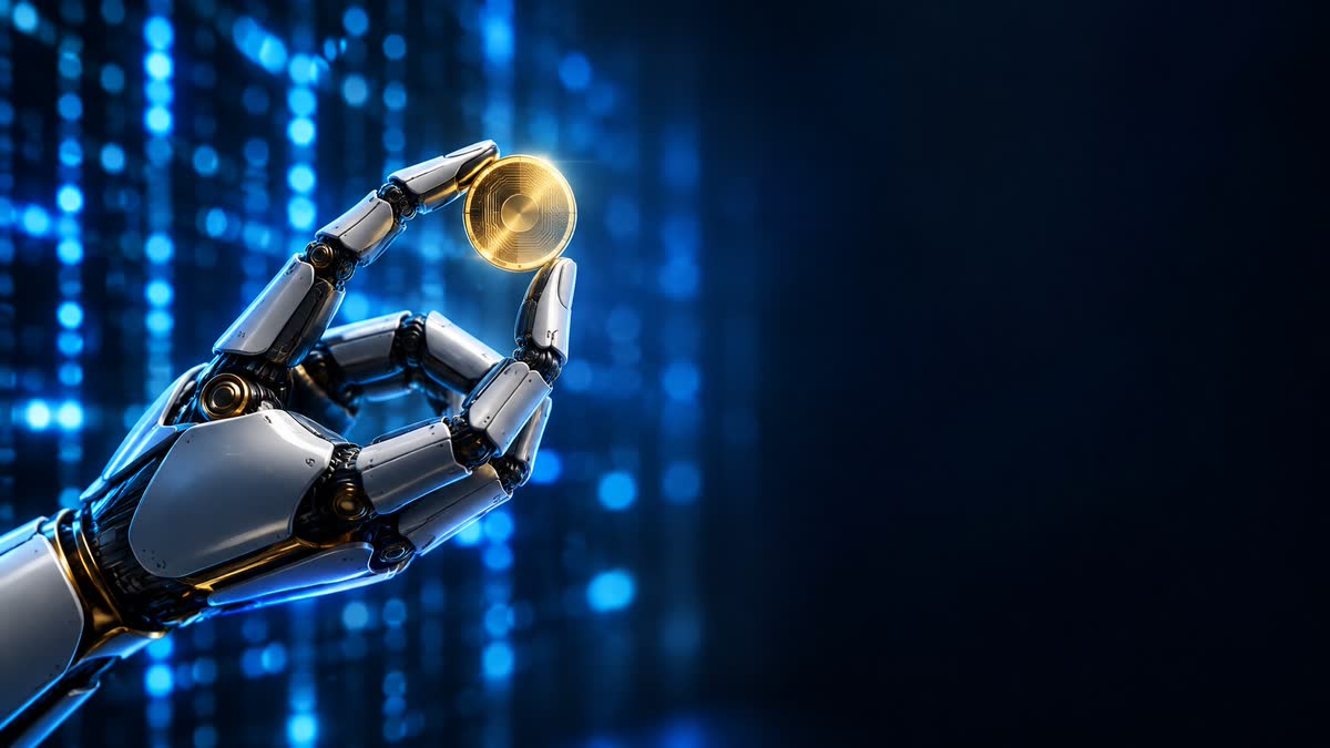 Robotic hand holding an abstract digital coin